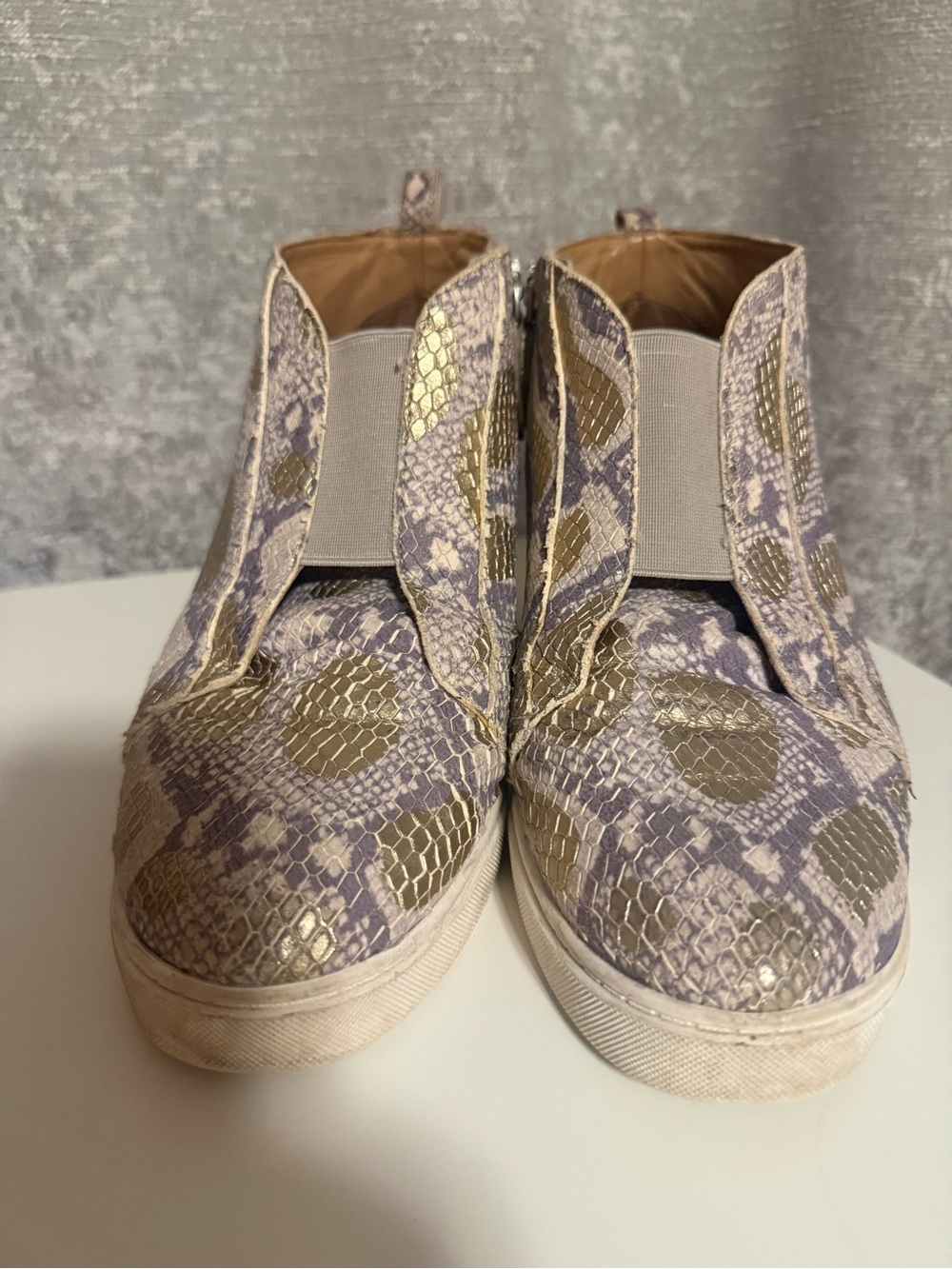 Paolo Metallic Gold and Lavender Snake-Print Ankle Booties